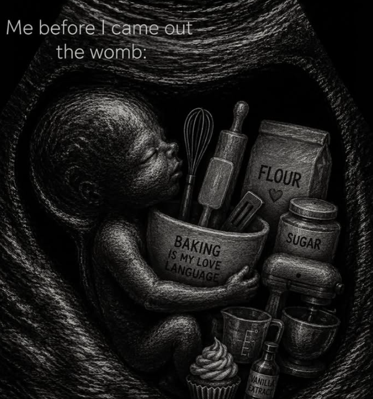 Me before I came out the womb: BAKING IS MY LOVE LANGUAGE FLOUR SUGAR VANILLA EXTRACT