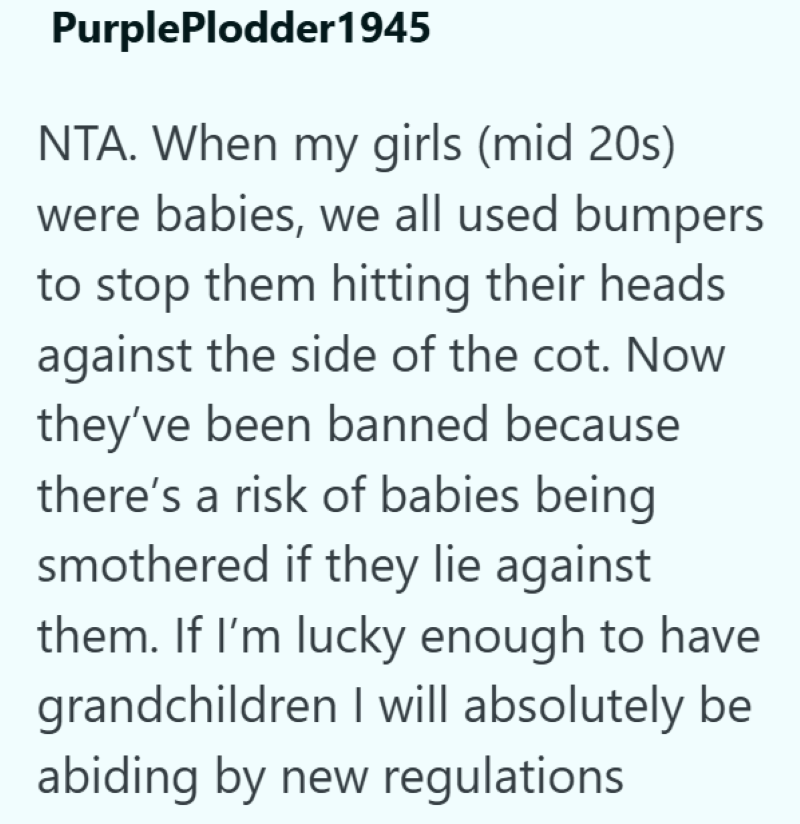 PurplePlodder1945 NTA. When my girls (mid 20s) were babies, we all used bumpers to stop them hitting their heads. against the side of the cot. Now they've been banned because there's a risk of babies being smothered if they lie against them. If I'm lucky enough to have grandchildren I will absolutely be abiding by new regulations