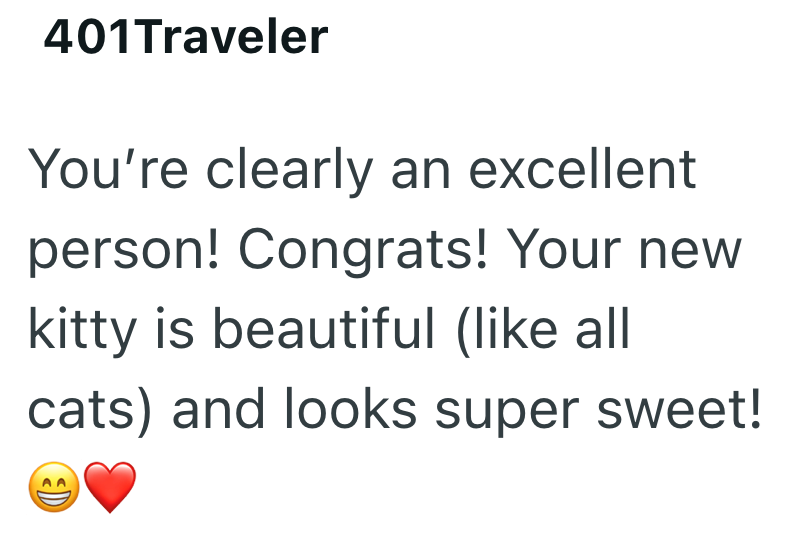 401Traveler You're clearly an excellent person! Congrats! Your new kitty is beautiful (like all cats) and looks super sweet!