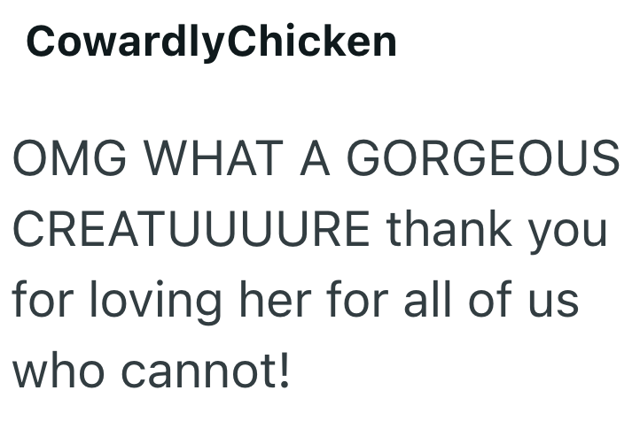 CowardlyChicken OMG WHAT A GORGEOUS CREATUUUURE thank you for loving her for all of us who cannot!
