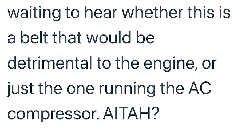 waiting to hear whether this is a belt that would be detrimental to the engine, or just the one running the AC compressor. AITAH?