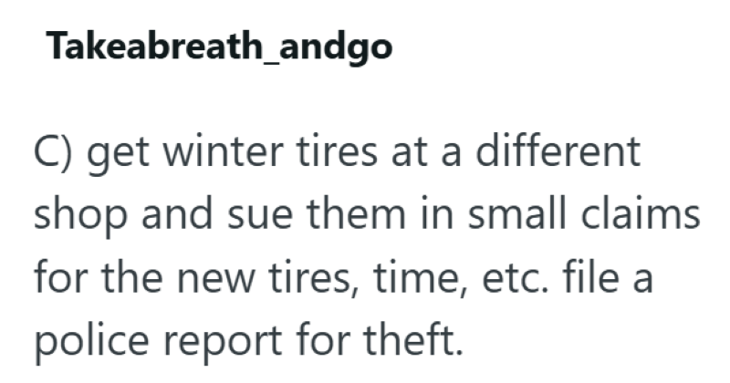 Takeabreath_andgo C) get winter tires at a different shop and sue them in small claims for the new tires, time, etc. file a police report for theft.