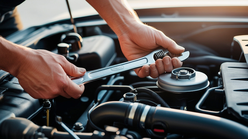 Mechanic repairing engine with wrench