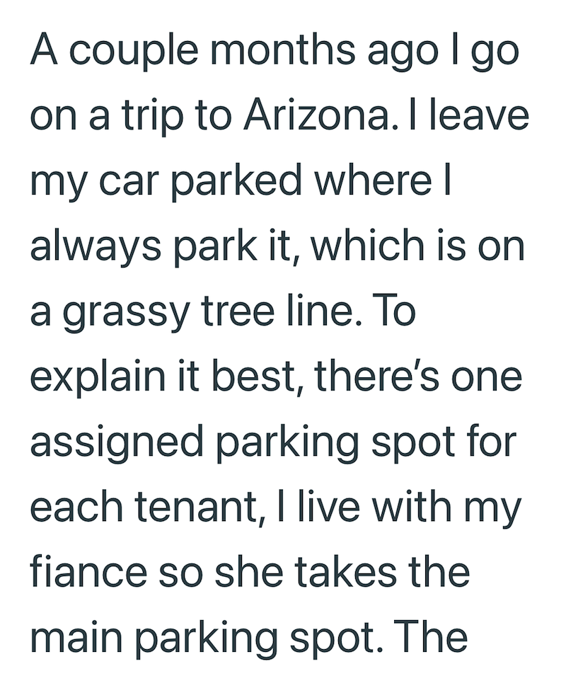 A couple months ago I go on a trip to Arizona. I leave my car parked where I always park it, which is on a grassy tree line. To explain it best, there's one assigned parking spot for each tenant, I live with my fiance so she takes the main parking spot. The