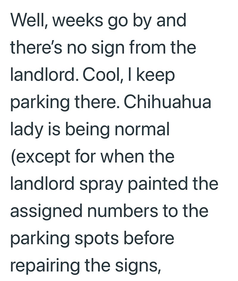 Well, weeks go by and there's no sign from the landlord. Cool, I keep parking there. Chihuahua lady is being normal (except for when the landlord spray painted the assigned numbers to the parking spots before repairing the signs,