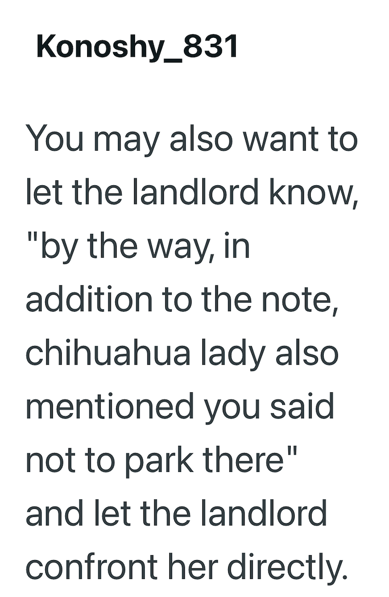 Konoshy_831 You may also want to let the landlord know, "by the way, in addition to the note, chihuahua lady also mentioned you said not to park there" and let the landlord confront her directly.