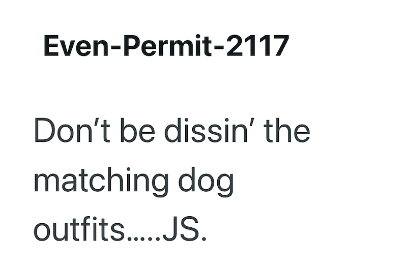 Even-Permit-2117 Don't be dissin' the matching dog outfits.....JS.