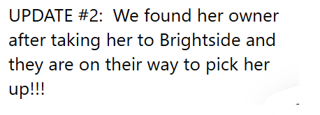UPDATE #2: We found her owner after taking her to Brightside and they are on their way to pick her up!!!