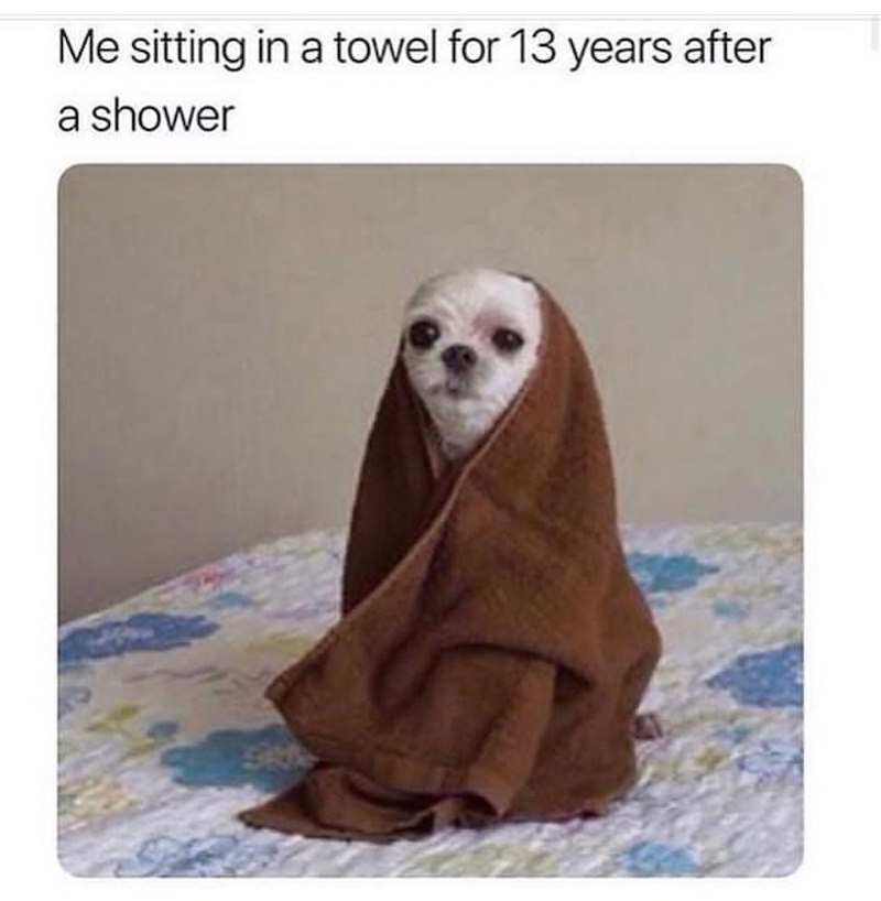 Me sitting in a towel for 13 years after a shower