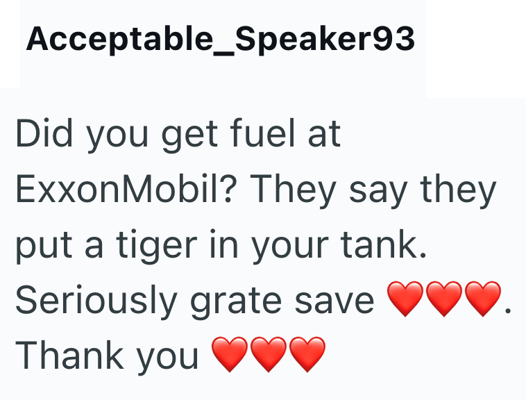 Acceptable_Speaker93 Did you get fuel at ExxonMobil? They say they put a tiger in your tank. Seriously grate save Thank you