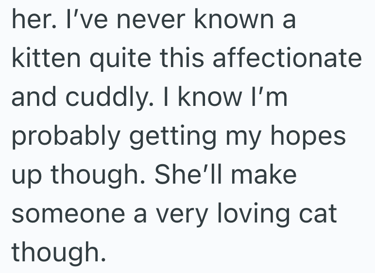 her. I've never known a kitten quite this affectionate and cuddly. I know I'm probably getting my hopes. up though. She'll make someone a very loving cat though.