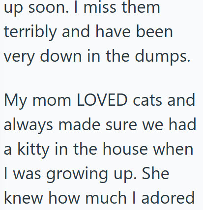 up soon. I miss them terribly and have been very down in the dumps. My mom LOVED cats and always made sure we had a kitty in the house when I was growing up. She knew how much I adored