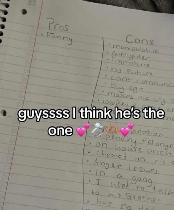 Pros Cons 9 Funny • manipulative garlighter Immature •Do future · cant communic • . big ego makes me cry o lowkey • guyssss I think he's the 4 one F Putation pending felonys · on house arrest LO A Cheated on his e Anger issues 4 10 a gang . 0 I used to talk to his Brother has na dad no