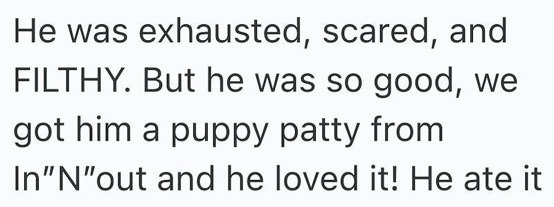 He was exhausted, scared, and FILTHY. But he was so good, we got him a puppy patty from In "N"out and he loved it! He ate it
