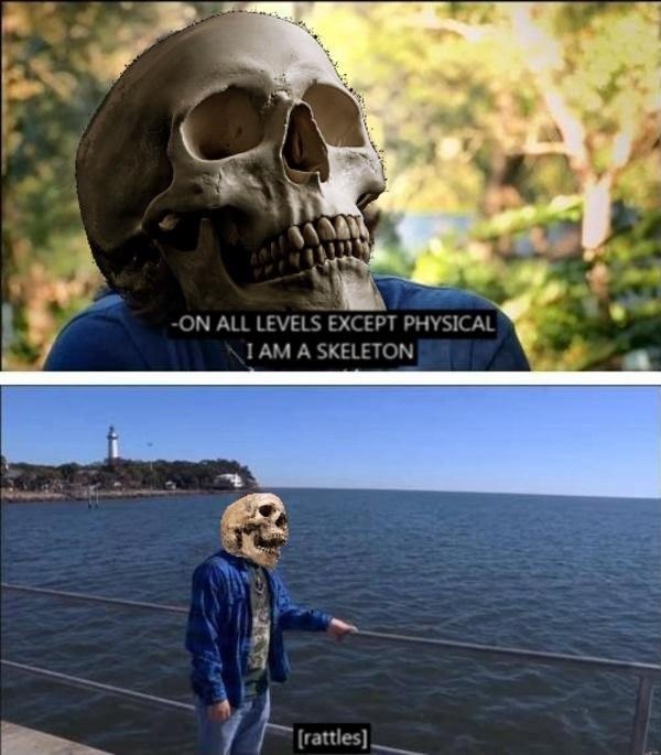 -ON ALL LEVELS EXCEPT PHYSICAL I AM A SKELETON [rattles].