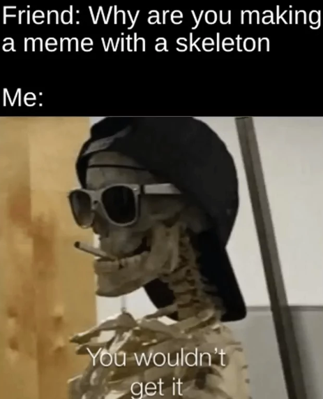 Friend: Why are you making a meme with a skeleton Me: You wouldn't get it