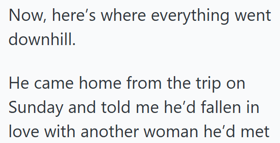 Now, here's where everything went downhill. He came home from the trip on Sunday and told me he'd fallen in love with another woman he'd met