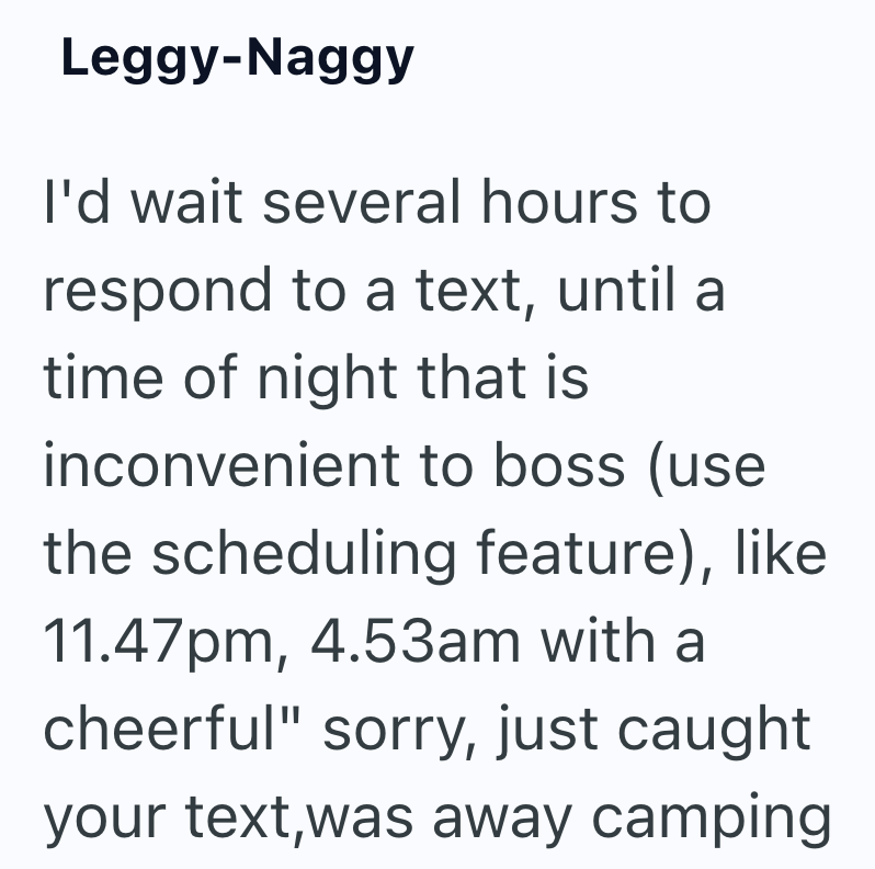 Leggy-Naggy I'd wait several hours to respond to a text, until a time of night that is inconvenient to boss (use the scheduling feature), like 11.47pm, 4.53am with a cheerful" sorry, just caught your text, was away camping