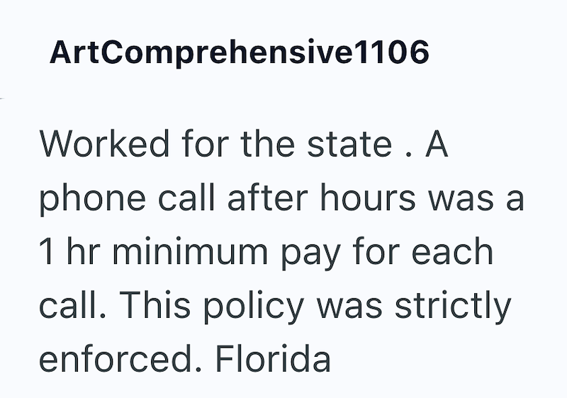 ArtComprehensive 1106 Worked for the state. A phone call after hours was a 1 hr minimum pay for each call. This policy was strictly enforced. Florida