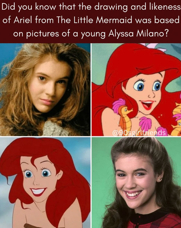 Did you know that the drawing and likeness of Ariel from The Little Mermaid was based on pictures of a young Alyssa Milano? @90sgirlfriends