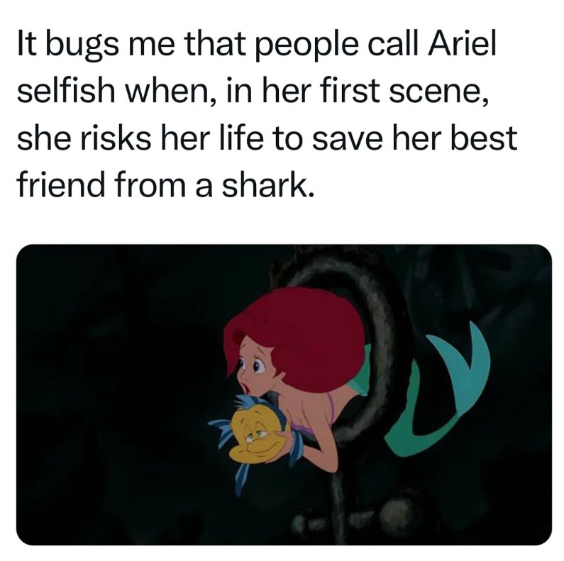 It bugs me that people call Ariel selfish when, in her first scene, she risks her life to save her best friend from a shark.