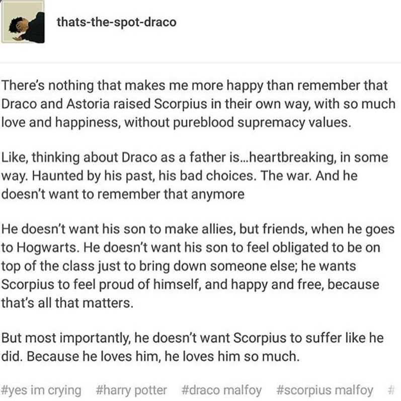 thats-the-spot-draco There's nothing that makes me more happy than remember that Draco and Astoria raised Scorpius in their own way, with so much love and happiness, without pureblood supremacy values. Like, thinking about Draco as a father is...heartbreaking, in some way. Haunted by his past, his bad choices. The war. And he doesn't want to remember that anymore He doesn't want his son to make allies, but friends, when he goes to Hogwarts. He doesn't want his son to feel obligated to be on top