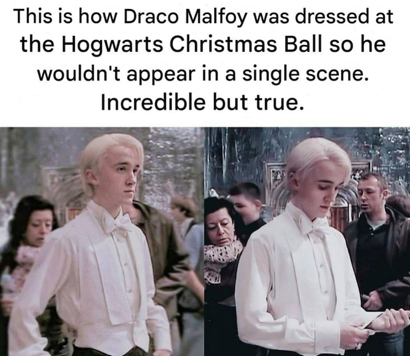 This is how Draco Malfoy was dressed at the Hogwarts Christmas Ball so he wouldn't appear in a single scene. Incredible but true.