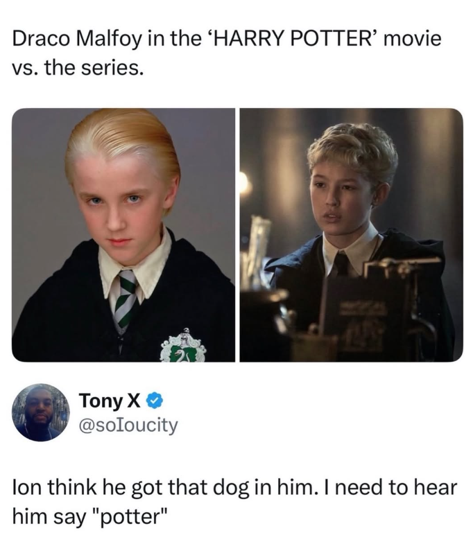 Draco Malfoy in the 'HARRY POTTER' movie vs. the series. Tony X @soIoucity lon think he got that dog in him. I need to hear him say "potter"
