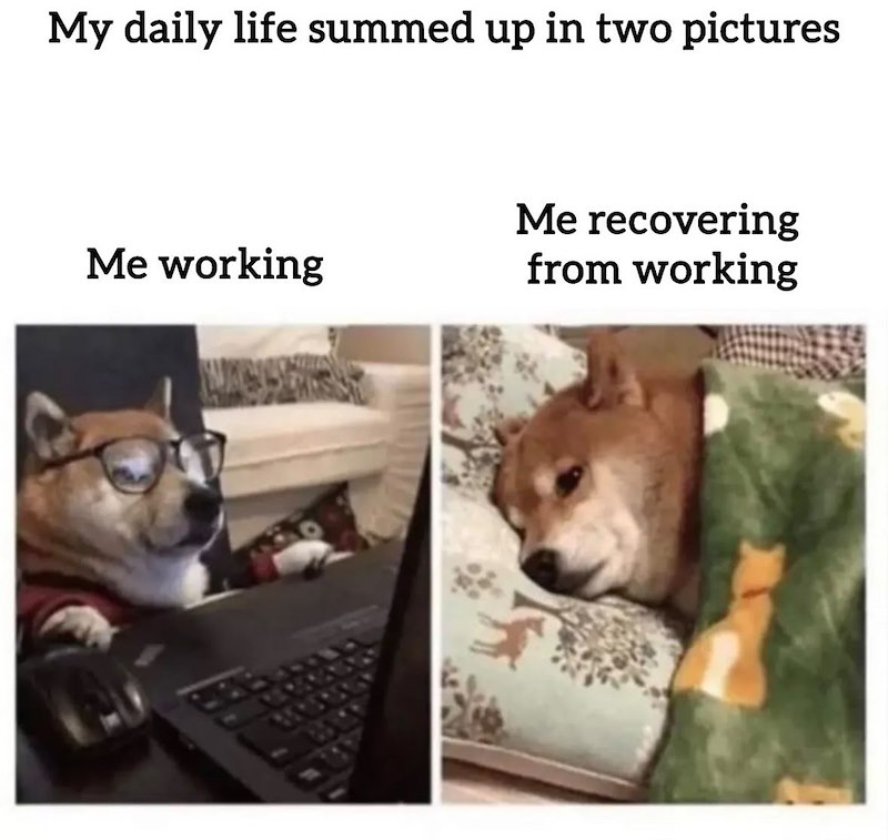 My daily life summed up in two pictures Me recovering Me working from working