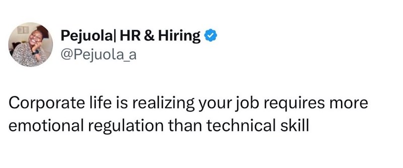 館 Pejuola❘ HR & Hiring @Pejuola_a Corporate life is realizing your job requires more emotional regulation than technical skill