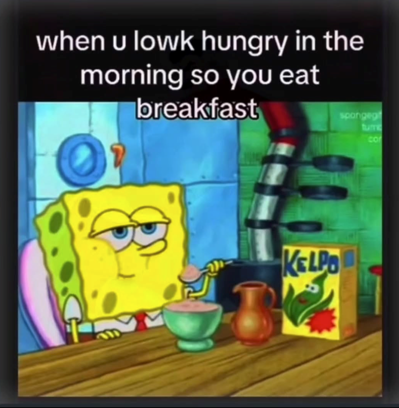when u lowk hungry in the morning so you eat breakfast spongeg KELPO tume co