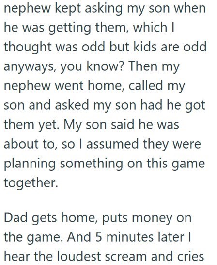 nephew kept asking my son when he was getting them, which I thought was odd but kids are odd anyways, you know? Then my nephew went home, called my son and asked my son had he got them yet. My son said he was about to, so I assumed they were planning something on this game together. Dad gets home, puts money on the game. And 5 minutes later I hear the loudest scream and cries