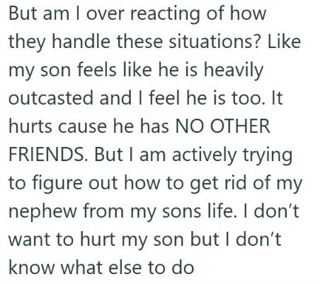 But am I over reacting of how they handle these situations? Like my son feels like he is heavily outcasted and I feel he is too. It hurts cause he has NO OTHER FRIENDS. But I am actively trying to figure out how to get rid of my nephew from my sons life. I don't want to hurt my son but I don't know what else to do