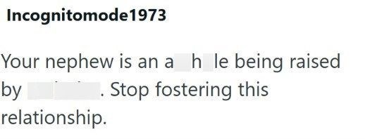 Incognitomode1973 Your nephew is an a_h_le being raised by Stop fostering this relationship.