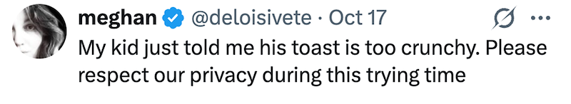 meghan @deloisivete Oct 17 My kid just told me his toast is too crunchy. Please respect our privacy during this trying time
