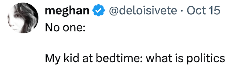 meghan No one: @deloisivete · Oct 15 • My kid at bedtime: what is politics