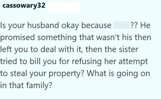 cassowary32 ?? He Is your husband okay because promised something that wasn't his then left you to deal with it, then the sister tried to bill you for refusing her attempt to steal your property? What is going on in that family?