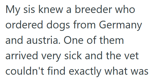 My sis knew a breeder who ordered dogs from Germany and austria. One of them arrived very sick and the vet couldn't find exactly what was