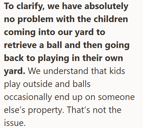 To clarify, we have absolutely no problem with the children coming into our yard to retrieve a ball and then going back to playing in their own yard. We understand that kids play outside and balls occasionally end up on someone else's property. That's not the issue.