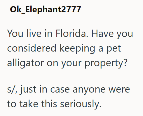 Ok_Elephant2777 You live in Florida. Have you considered keeping a pet alligator on your property? s/, just in case anyone were to take this seriously.