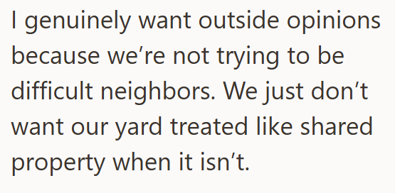 I genuinely want outside opinions because we're not trying to be difficult neighbors. We just don't want our yard treated like shared property when it isn't.