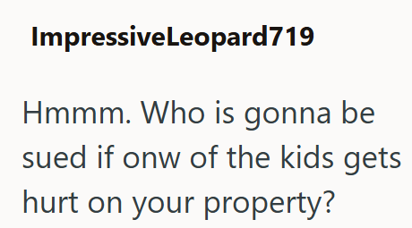 ImpressiveLeopard 719 Hmmm. Who is gonna be sued if onw of the kids gets hurt on your property?