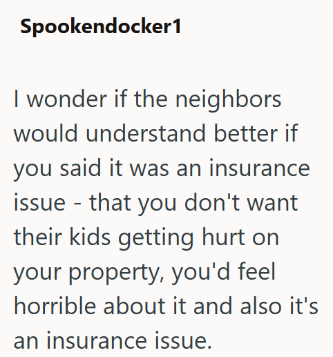 Spookendocker1 I wonder if the neighbors would understand better if you said it was an insurance issue - that you don't want their kids getting hurt on your property, you'd feel horrible about it and also it's an insurance issue.