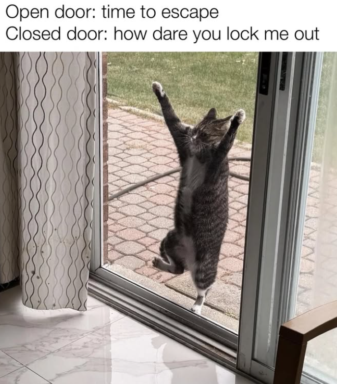 Open door: time to escape Closed door: how dare you lock me out