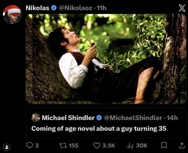 Nikolas ❤ @Nikolaoz. 11h X Michael Shindler @MichaelShindler 14h • Coming of age novel about a guy turning 35 3 1155 3.5K ılıl 30K ☐
