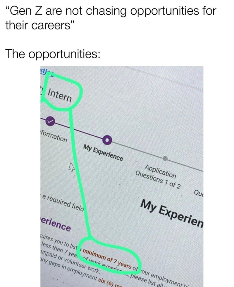 "Gen Z are not chasing opportunities for their careers" The opportunities: sti Intern O formation My Experience Application Questions 1 of 2 Que a required fiela erience My Experien quires you to list a minimum of 7 years of our employment h less than 7 yea. of work experien -, please list all unpaid or volunteer work. any gaps in employment six (6) m