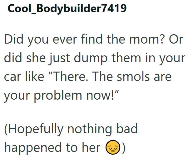 Cool_Bodybuilder7419 Did you ever find the mom? Or did she just dump them in your car like "There. The smols are your problem now!" (Hopefully nothing bad happened to her →)