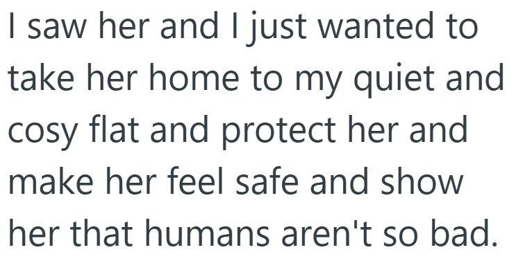 I saw her and I just wanted to take her home to my quiet and cosy flat and protect her and make her feel safe and show her that humans aren't so bad.