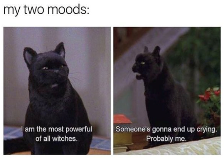 my two moods: I am the most powerful of all witches. Someone's gonna end up crying. Probably me.