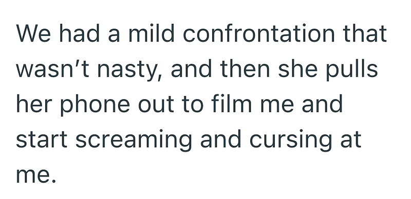 We had a mild confrontation that wasn't nasty, and then she pulls her phone out to film me and start screaming and cursing at me.